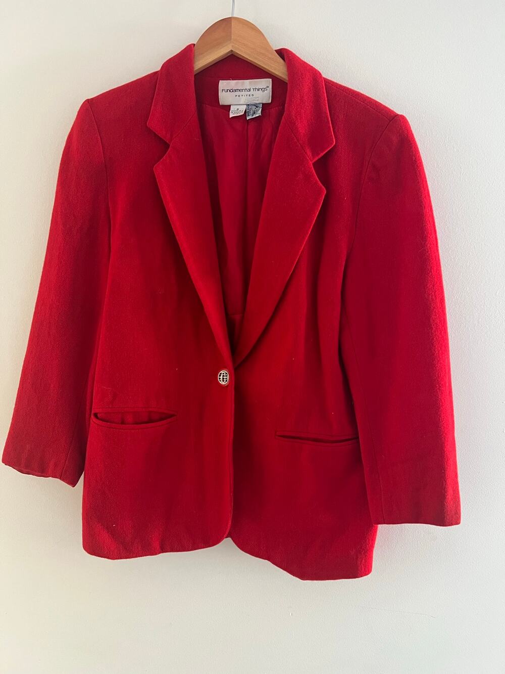 Vintage Wool Women’s Blazer Red One Button Two Front Pockets Size 8 Petite
